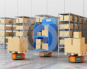 Orange robot carriers carrying goods in modern warehouse