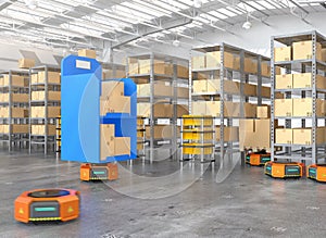 Orange robot carriers carrying goods in modern warehouse