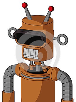 Orange Robot With Cylinder Head And Teeth Mouth And Black Visor Eye And Double Led Antenna