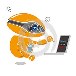 Orange robot get impatient at trouble of error message on the laptop screen