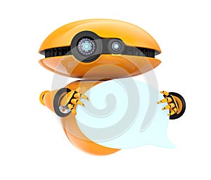 Orange robot holding blank chat bubble on white background