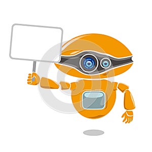 Orange robot holding a blank placard isolated on white background