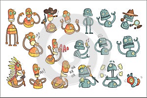 Orange Robot Set Of Cartoon Outlines Portraits