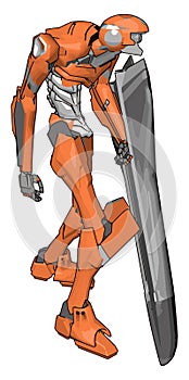 Orange robot with shield, illustration, vector