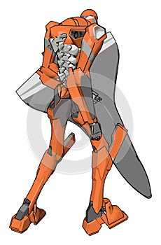 Orange robot with shield, illustration, vector