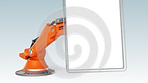 Orange robotic arm holding a blank sign board