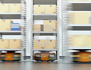 Orange robots carrying pallets with goods in modern warehouse