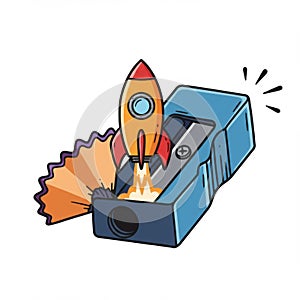 Orange Rocket Launching from Blue Pencil Sharpener