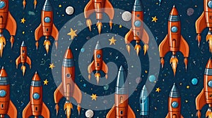 Orange Rocket Spaceship Cosmic Space Planet Pattern