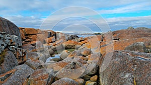 Orange Rocks of the Bay of Fires overlooking the shore Tasmania Australia