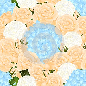 Orange Rose, Blue Hydrangea and White Ranunculus Seamless Background. Vector Illustration.