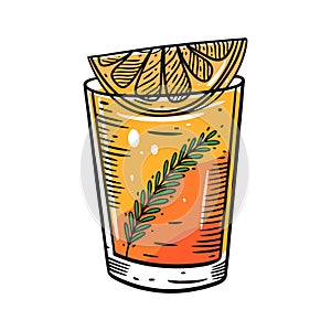 Orange with rosemary alcohol cocktail. Flat Style. Colorful cartoon vector illustration. Isolated on white background