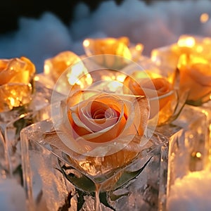 Orange roses frozen in a square ice cube. Generative AI