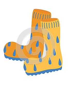 Orange rubber boots. Autumn boots with water droplets. Garden and Perfect shoes for rainy weather. Cartoon cute rubber boots pair