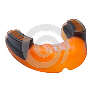 Orange rubber teeth protection, for boxing or for karate, back side, on a white background