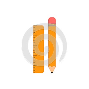 Orange Ruler and pencil simple school objects isolated on white background. Flat vector illustration, education, office, college,