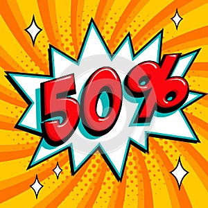 Orange sale web banner. Pop art comic sale discount promotion banner. Big sale background. Sale Fifty 50 off on a Comics