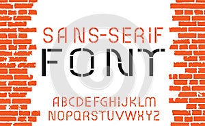 Orange sans-serif font on old brick wall background. Vector illustration