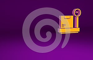Orange Scale with cardboard box icon isolated on purple background. Logistic and delivery. Weight of delivery package on