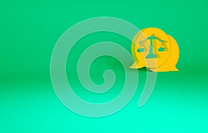 Orange Scales of justice icon isolated on green background. Court of law symbol. Balance scale sign. Minimalism concept