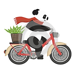 Orange-scarfed panda bear riding a red bicycle with a brown basket on the back, containing green leaves.
