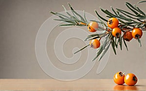 Orange sea buckthorn berries branch with copy space for text