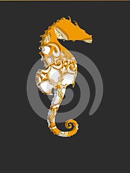 Orange seahorse with ornament on the grey background