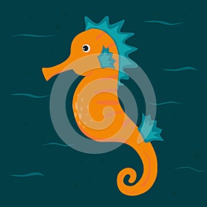 Orange seahorse swims in the depths of the sea