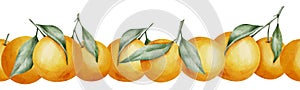 Orange seamless Border. Hand drawn watercolor illustration of citrus tangerine pattern on white isolated background for