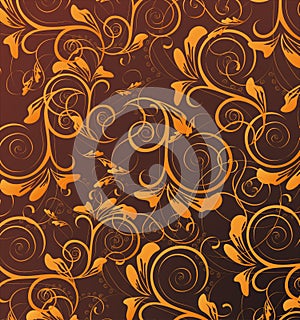 Orange seamless flower pattern in brown background