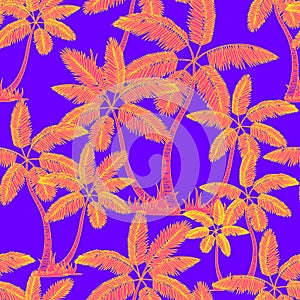 Orange Seamless tropical palms pattern. Summer endless hand drawn vector violet background of palm trees can be used for wallpaper