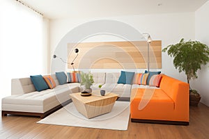 an orange sectional sofa in a minimalist living room setting