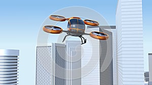 Orange self-driving passenger drone takeoff from helipad