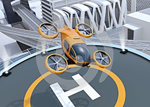 Orange self-driving passenger drone takeoff and landing on the helipad