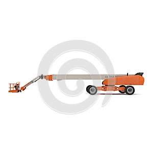 Orange self propelled articulated wheeled lift with telescoping boom and basket on white. 3D illustration