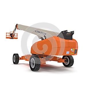 Orange self propelled articulated wheeled lift with telescoping boom and basket on white. 3D illustration