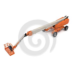 Orange self propelled articulated wheeled lift with telescoping boom and basket on white. 3D illustration