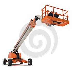 Orange self propelled articulated wheeled lift with telescoping boom and basket on white. 3D illustration