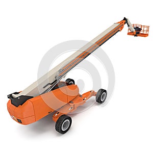 Orange self propelled articulated wheeled lift with telescoping boom and basket on white. 3D illustration