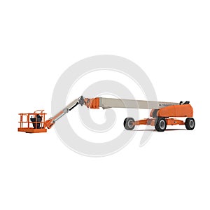 Orange self propelled articulated wheeled lift with telescoping boom and basket on white. 3D illustration