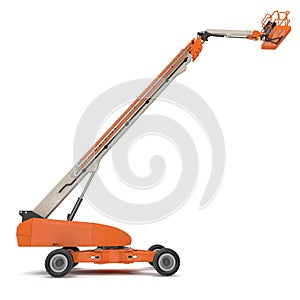 Orange self propelled articulated wheeled lift with telescoping boom and basket on white. 3D illustration