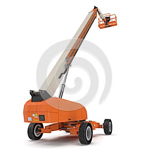 Orange self propelled articulated wheeled lift with telescoping boom and basket on white. 3D illustration