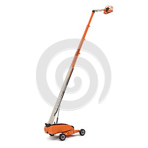 Orange self propelled articulated wheeled lift with telescoping boom and basket on white. 3D illustration