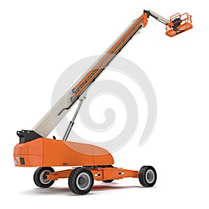 Orange self propelled articulated wheeled lift with telescoping boom and basket on white. 3D illustration