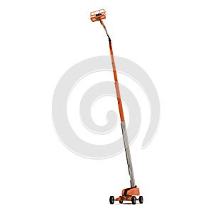 Orange self propelled articulated wheeled lift with telescoping boom and basket on white. 3D illustration