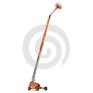 Orange self propelled articulated wheeled lift with telescoping boom and basket on white. 3D illustration