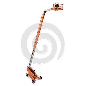 Orange self propelled articulated wheeled lift with telescoping boom and basket on white. 3D illustration