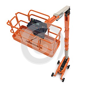 Orange self propelled articulated wheeled lift with telescoping boom and basket on white. 3D illustration