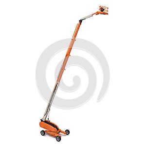 Orange self propelled articulated wheeled lift with telescoping boom and basket on white. 3D illustration