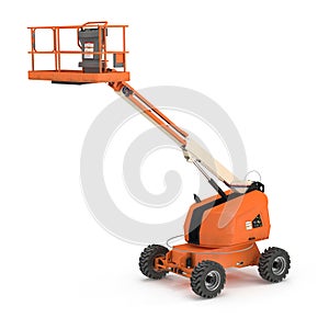 Orange self propelled articulated wheeled lift with telescoping boom and basket on white. 3D illustration